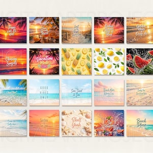 Puede incluir: Una colecci&oacute;n de impresiones art&iacute;sticas digitales cuadradas con temas de playa y tropicales. Cada impresi&oacute;n muestra vibrantes puestas de sol, palmeras y escenas de playa, con frases como "Tropic like it's hot" y "Vacation Mode".