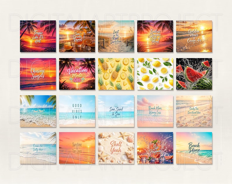 Puede incluir: Una colecci&oacute;n de impresiones art&iacute;sticas digitales cuadradas con temas de playa y tropicales. Cada impresi&oacute;n muestra vibrantes puestas de sol, palmeras y escenas de playa, con frases como "Tropic like it's hot" y "Vacation Mode".