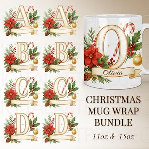 May include: A white ceramic mug with a large letter "O" decorated with Christmas elements, including a candy cane, poinsettias, and holly. The mug has a handle and a banner with the name "Olivia". The image also shows letter designs A, B, C, and D.