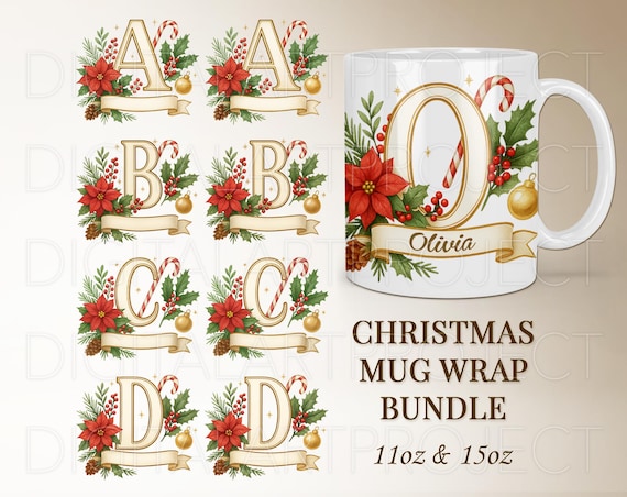 Christmas Mug Wraps Bundle PNG, Christmas Alphabet, Christmas Name Wrap, Christmas Mug Full Wrap, Mug Wrap Sublimation, Christmas Wrap PNG