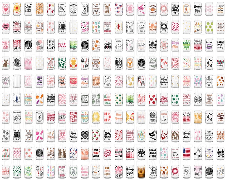 May include: A collection of 100 different designs for sublimation on aluminum beverage cans. The designs feature a variety of themes, including holidays, seasons, and everyday sayings. The designs are in a variety of colors and styles.