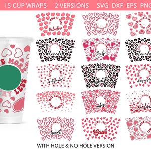 Paquete de SVG para envoltorios de vasos de San Valentín, SVG para envoltorios de café, SVG de San Valentín, vaso Venti para bebidas frías de 24 oz, SVG de corazón dibujado, SVG de amor, garabato de corazón, guepardo, Cricut