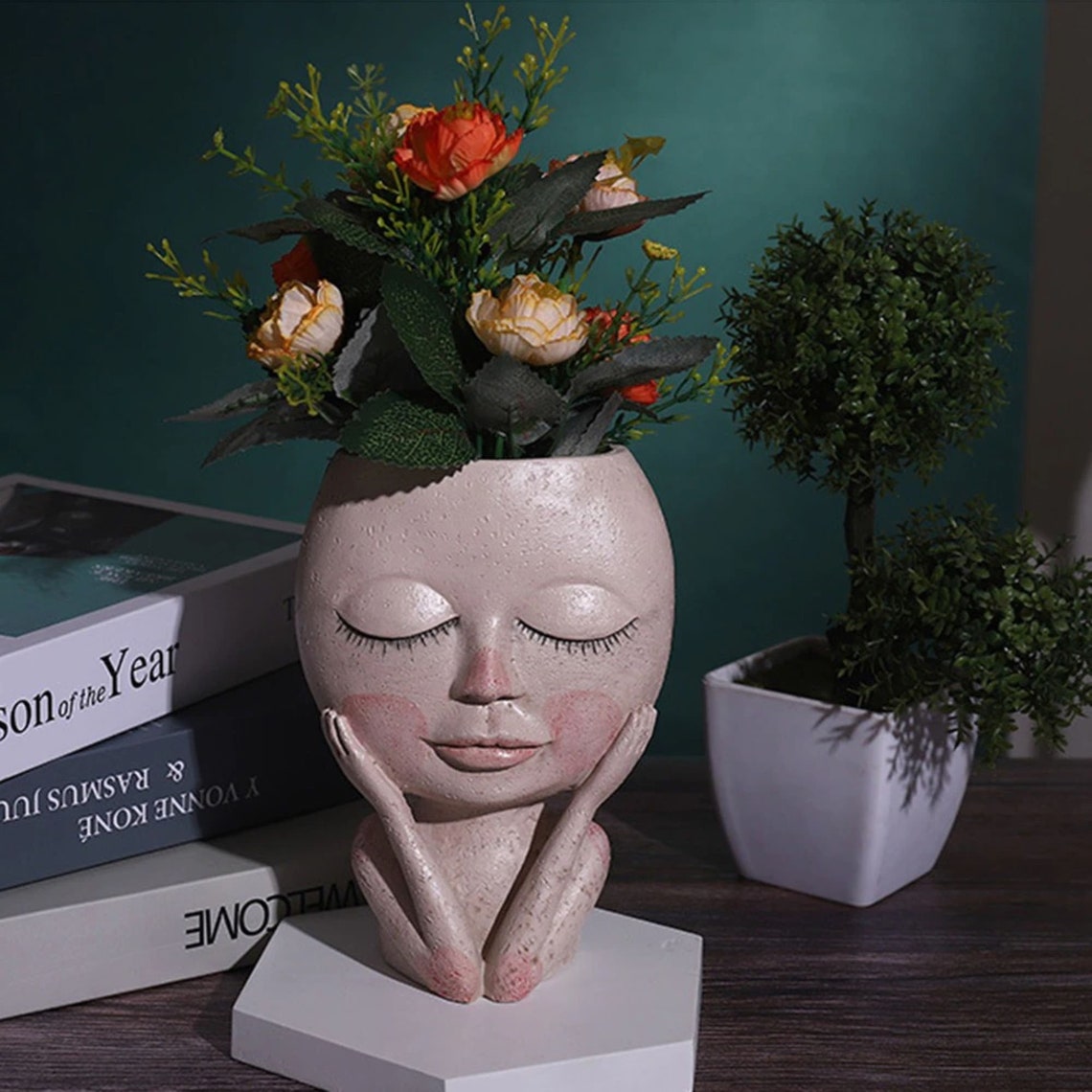 Blumentopf In Kopf-Form - Harz, 9,5x17 Cm, Mit Drainageloch, Für Sukkulenten & Deko