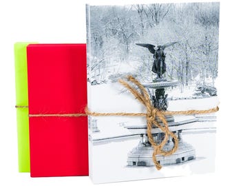 Tarjetas navideñas de Central Park, fotografía invernal de Nueva York, caja con ángeles de la fuente de Bethesda