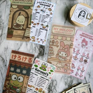 May include: A collection of colorful, illustrated menu cards featuring cartoon characters. The cards showcase themes like Italian restaurants, dessert shops, and Japanese cuisine, with detailed food and drink listings.