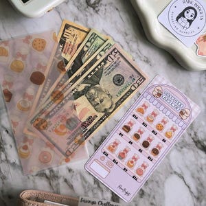 Op de afbeelding: Een bovenaanzicht toont Amerikaanse bankbiljetten naast een pastelroze spaartracker met gebakillustraties. Een doorzichtig zakje met een dessertpatroon en een lichtroze portemonnee zijn ook zichtbaar. Een witte rekenmachine staat op de achtergrond.
