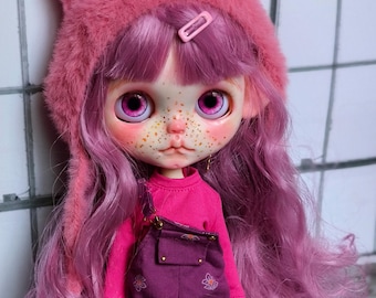 ブライスドール用衣装 - オーバーオール、トップス、耳付きふわふわ帽子 - ネオブライス/カスタムブライス用手作り衣装