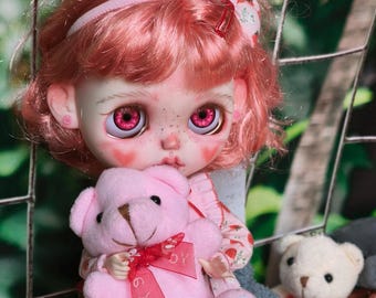 Custom Blythe Doll Strawberry Mia – OOAK Handmade Art Doll, Unique Blythe with Outfits
