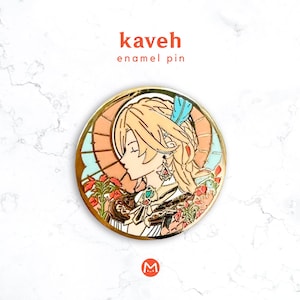 May include: A gold-colored enamel pin featuring a profile of a character with blonde hair and a blue feather. The pin has a circular design with floral and stained-glass style elements. The text "kaveh enamel pin" is at the top.