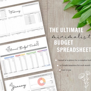 May include: A minimalist budget spreadsheet with the text "THE ULTIMATE minimalist BUDGET SPREADSHEET". The image shows several pages with budget trackers for different months, including January and February. The design is clean and organized.