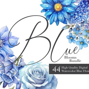 44 aquarel clipart set: serene bloemen in blauw | Bruiloft ontwerpelementen | Feestafbeeldingen | Transparant doe-het-zelf | Aquarel groen