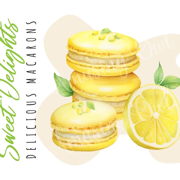 Watercolor Lemon French Macarons Clipart Set | Sweet Delights | Food Illustrations | Party Graphics | Transparent DIY PNG | Bakery Menu