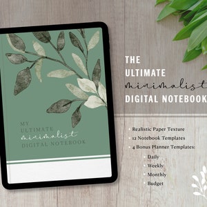Pode incluir: Um caderno digital com fundo verde e folhas de aquarela. O texto "THE ULTIMATE minimalist DIGITAL NOTEBOOK" está no topo da imagem. O texto "MY ULTIMATE minimalist DIGITAL NOTEBOOK" está na parte inferior da imagem. O caderno apresenta uma textura de papel realista, 12 modelos de caderno e 4 modelos de planejador adicionais: diário, semanal, mensal e orçamento.