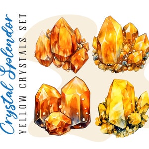 Ensemble de Clipart de splendeur de cristaux d'ambre jaune aquarelle | Cristaux hypnotisants | Éléments de conception de mariage | Graphiques de fête | Bricolage transparent