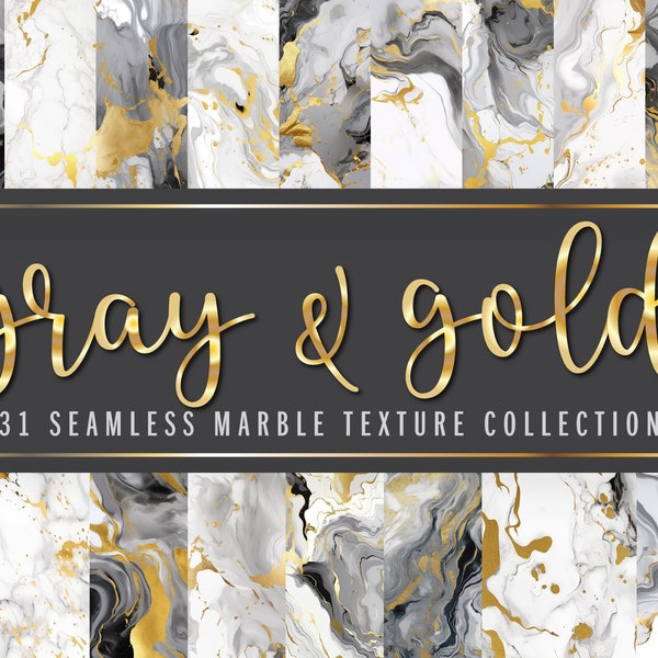 Grey, White and Gold Marble Digital Paper Texture Pack, Seamless Marble Texture, Gold Foil Instant Download For Commercial Use