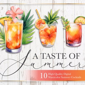 Watercolor Tropical Cocktail Clipart: Summer Party Graphics (Digital Download)