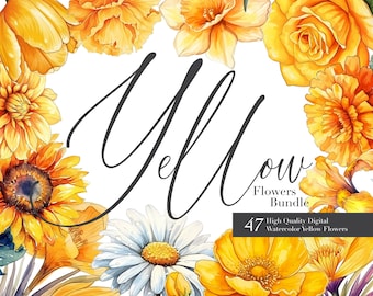 47 Yellow Watercolor Floral Clipart Set: DIY Wedding Graphics (Digital Download)
