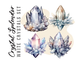 May include: Watercolor illustration of four white crystals with blue and purple accents. The crystals are arranged in a cluster and have a sparkling, iridescent appearance. The text "Crystal Splendor White Crystals Set" is written in black cursive.