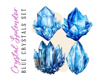 May include: Four watercolor illustrations of blue crystals. The crystals are in various shapes and sizes, with some having a more pointed shape and others being more rounded. The crystals are all a deep blue color, with some having a slight shimmer to them. The crystals are set against a white background.
