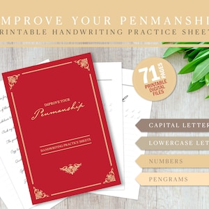 May include: A red handwriting practice sheet book with gold accents and the words "Improve Your Penmanship." Additional sheets and a circle with "71 Pages Printable Digital Files" are visible. Includes practice for capital and lowercase letters, numbers, and pengrams.