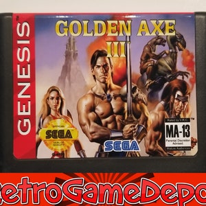 May include: A Sega Genesis game cartridge for Golden Axe III. The cartridge is black with a red and white label. The label features a colorful illustration of characters from the game, including a muscular man holding a sword, a woman with long blonde hair, and a man with a beard. The label also includes the Sega logo and the game title.