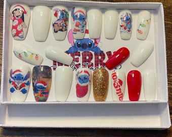 20x full set of nails (inspired) Disney Lilo & stitch Christmas and shape and length