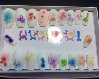 Full set of 20x nails gel…..  inspired BALLOON animals/birthday nails