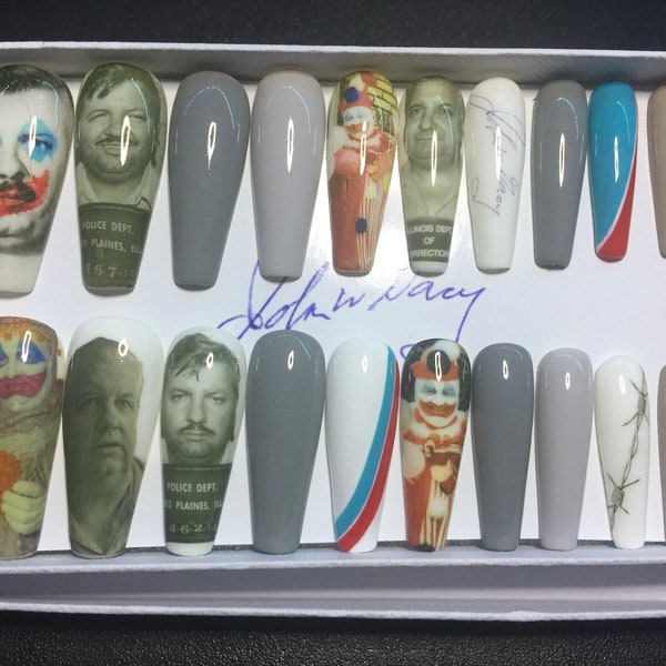 Full set of acrylic nails…..  inspired John Wayne Casey (serial killer/s)