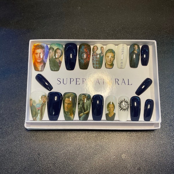 Full set of acrylic nails…..  inspired SUPERNATURAL Sam & dean winchester nails