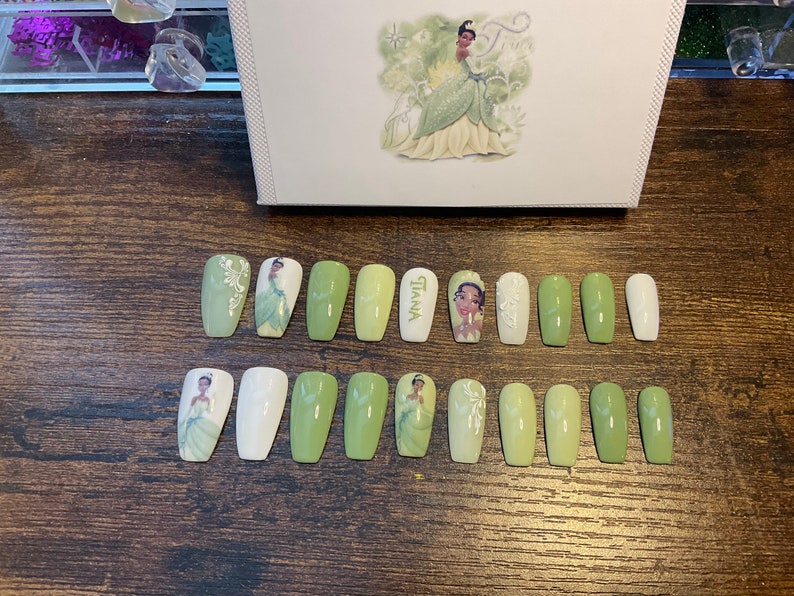 Full set of acrylic nails.. Disney inspired TIANA any shape and length image 2