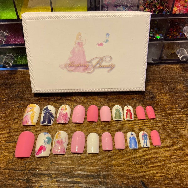 Full set of 20x nails gel….. DISNEY… Sleeping beauty (inspired) any shape and length
