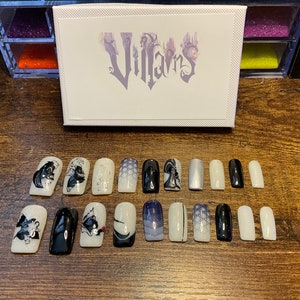 Full set of 20x nails gel….. Disney inspired VILLAINS silhouette….. milky gel,any shape and length