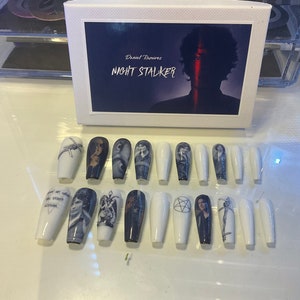 Full set of 20x nails gel….. (inspired) night stalker (Richard ramirez ) any shape and length