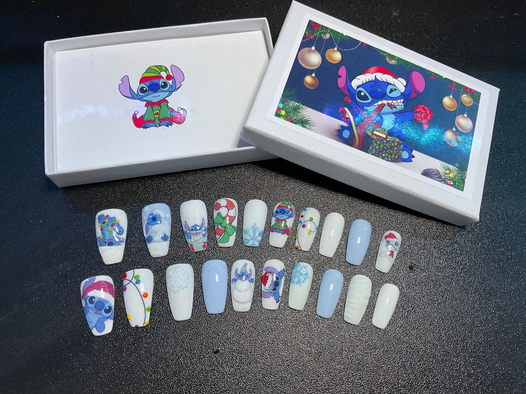 Full Set of Acrylic Nails.. DISNEY STITCH.. inspired Christmas..any Shape and Length - Etsy
