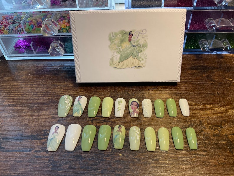 Full set of acrylic nails.. Disney inspired TIANA any shape and length image 1