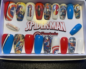 Full set of acrylic nails…..  inspired MARVEL spider-man/captian America