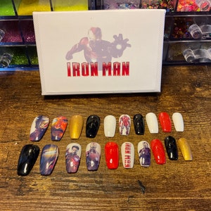 Full set of 20x nails gel….. MARVEL… iron man…..(inspired) any shape and length