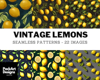 Vintage Lemon Seamless Paper Pack, Citrus Patterns (PNG Digital Download)