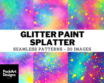 Glitter Paint Splatter Digital Patterns - Seamless Sparkling Watercolor Paint Splash Textures, 20 PNGs That Are Tileable with Commercial Use
