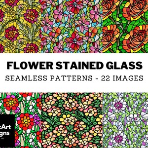 Stained Glass Floral Art Repeating Pattern Background, Printable Seamless Flower Stained Glass Design for DIY Crafts and Print on Demand