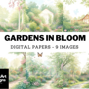 Giardini verdi - Carta digitale per giardini panoramici ad acquerello, giardino floreale con fiori primaverili per scrapbooking, junk journaling, creazione di cartoline