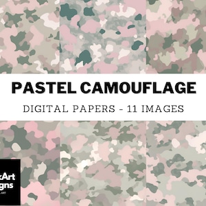 May include: A set of 11 digital papers featuring a pastel camouflage pattern in shades of pink, green, and white. The papers are perfect for crafting, scrapbooking, and digital design projects.