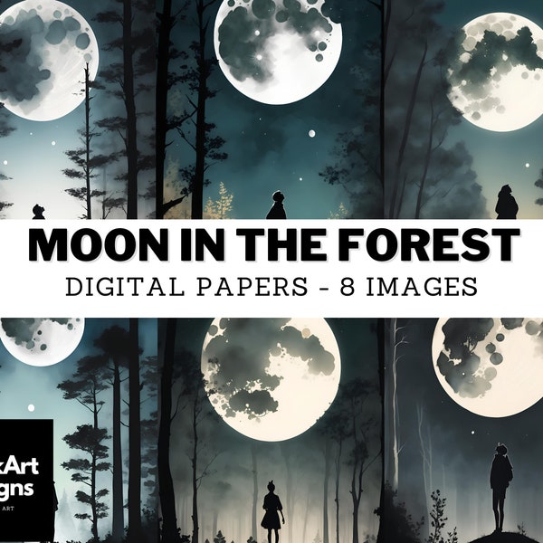 Full Moon Over Forest - Watercolor Lunar Moon In Midnight Sky, Bright Night Digital Paper For Scrapbooking, Junk Journaling, Card Making,