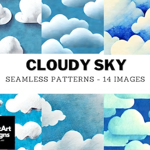 Cloudy Sky Digital Paper Pack - Watercolor Clouds Seamless Texture Cloud Patterns, PNG Digital Backgrounds With Commercial Use, Tileable
