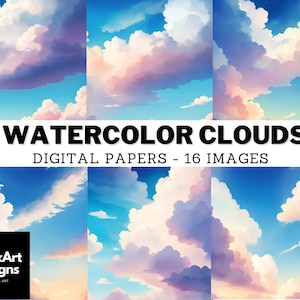 Cloudy Sky Watercolor Digital Paper - Decorative Cloud Backgrounds for Designs, Cards, Invitations, Scrapbooking, and Printable Projects