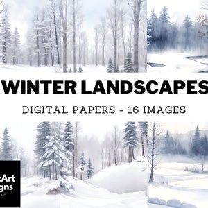 Paquet de papier numérique aquarelle de paysages forestiers d'hiver, arrière-plans d'hiver, paysage gelé de forêt enneigée pour album d'hiver, journal