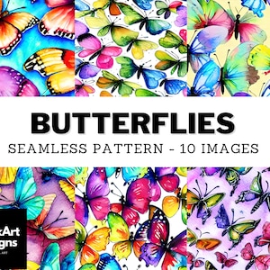 Watercolor Butterfly Patterns - Digital Paper Pack Bundle with 10 Seamless PNGs of Butterfly Background Designs, Digital Butterfly Paper