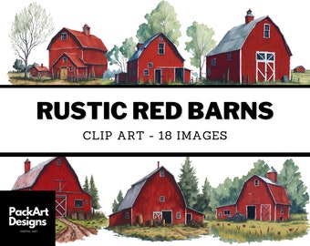 Watercolor Red Barn Clipart – Rustic Farm Landscape (Digital Download)