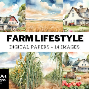 Farm Life - 14 Watercolor Farmhouse Papers - Charming Farm Scenes, Field Crops, Country Landscapes - Digital Art for Rural Scrapbooking