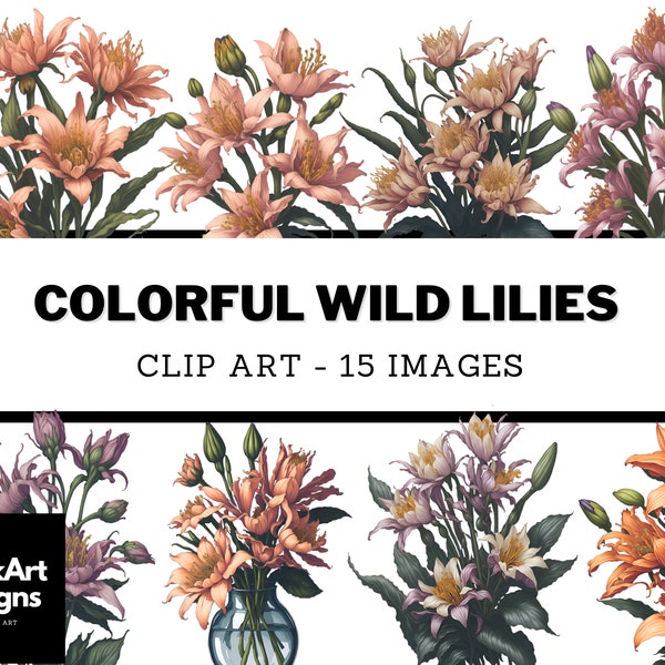 Wild Lily Bouquet Clip Art - Colorful Floral Clipart for Spring, Tiger Lily & Wild Lilies, Floral Centerpieces for Commercial Use Projects